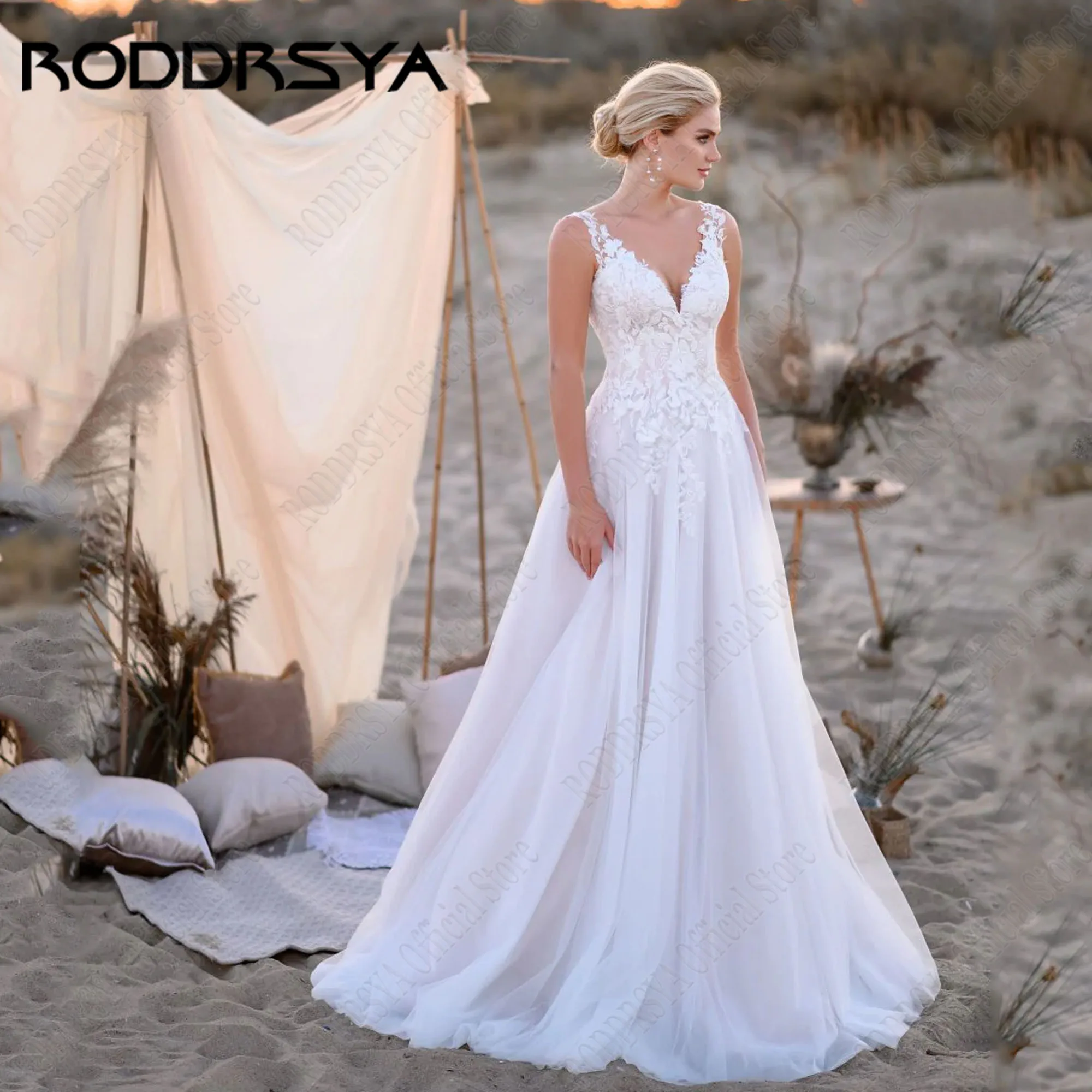 

RODDRSYA Customized Boho Sleeveless Wedding Dress Applique V-Neck vestidos de novia Sweep Train Tulle A Line Corset Wedding Gown