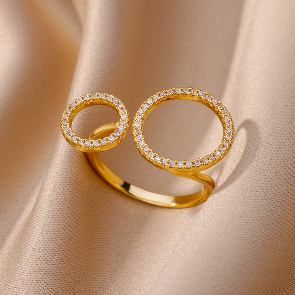 

Zircon Double Circles Rings For Women Gold Color Stainless Steel Open Ring Female Fashion Wedding Party Finger Jewelry 2024 New