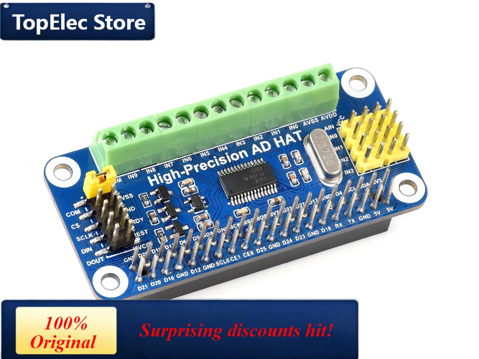 TopElec Waveshare High-Precision AD HAT For Raspberry Pi and Jetson Nano, ADS1263 10-Ch 32-Bit ADC