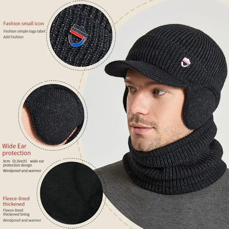 Men Women winter warm ear protection knitted hat with scarf set outdoor sports bicycle skiing running hilking unisex beanie cap