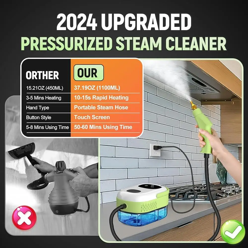 2500W Portable Steam Cleaner Fast Heating 10s Large Capacity with 9 Accessories Heavy Duty Multi-Surface Cleaning 221°F 3BAR