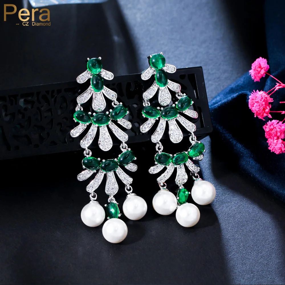 Pera Dignified Tassel Leaf and Pearl Shape Cubic Zirconia Silver Color Long Dangle Earrings for Women Costume Party Jewerly E928