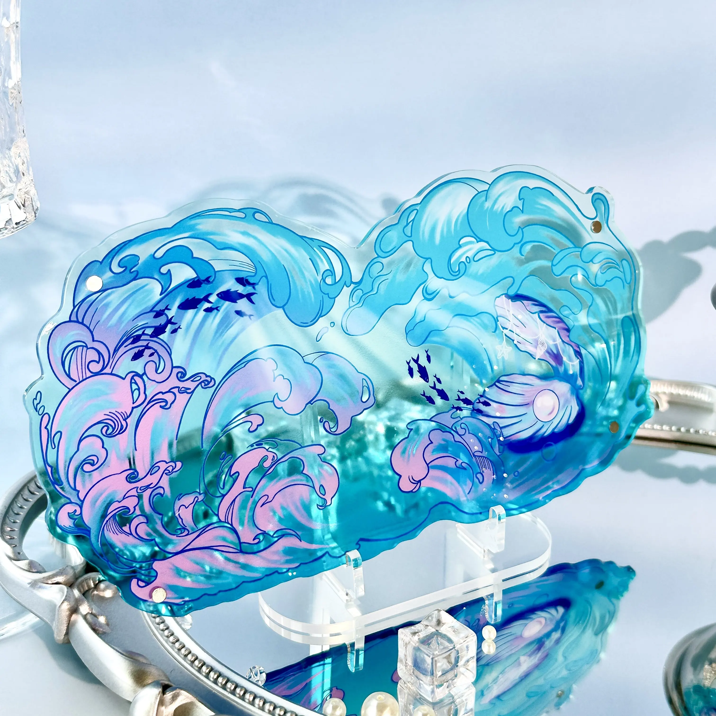 Ocean Wave 75mm Acrylic Badge Display Stand, Desk Showcase for Anime Pins Collection, Perfect for Layout Decor & Shooting Props