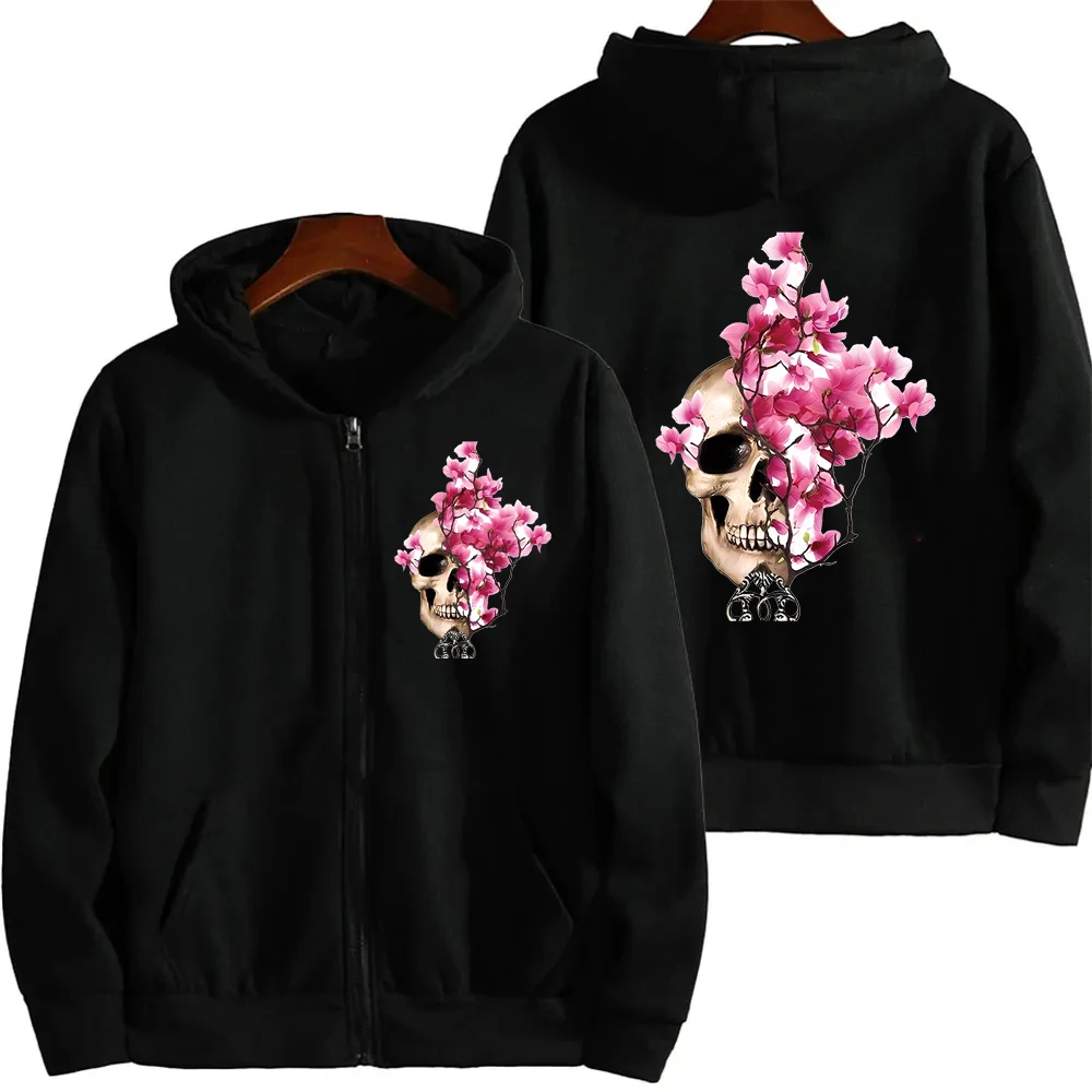 Casual Women\'s Zip Up Hoodies Jacket Skull Flower Print Women Hoodie Stylish Hooded Sweatshirt Autumn Winter Zipper Jacket Coats