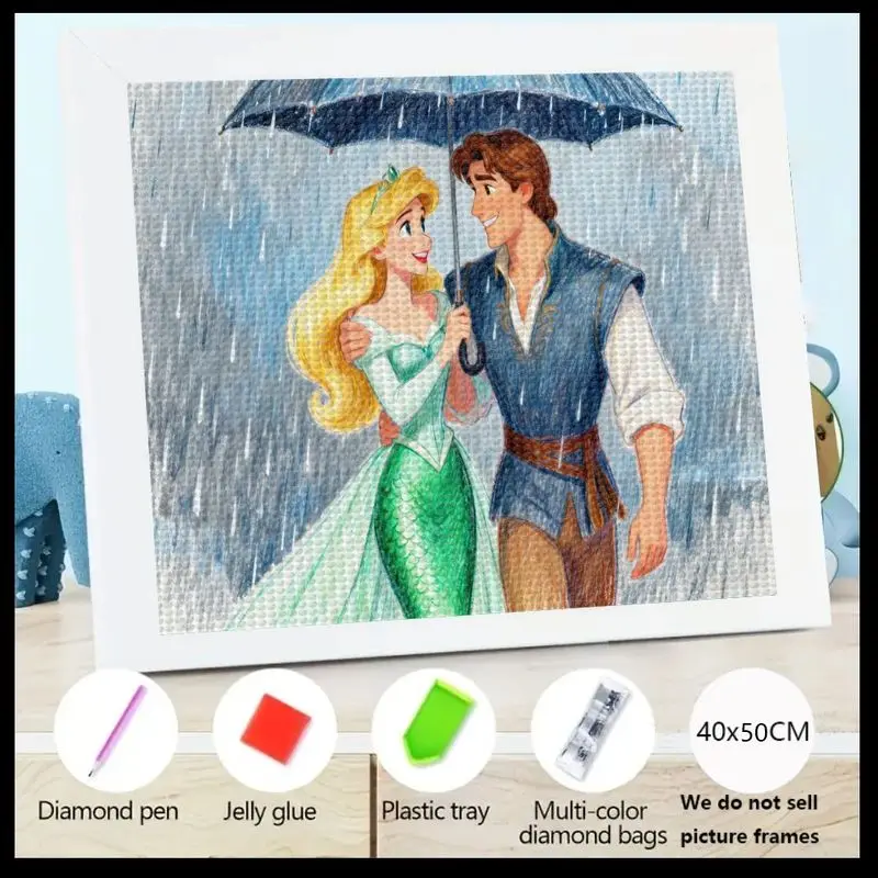 

1PC 5D DIY Full Drill Diamond Painting Kit, Romantic Couple Under Umbrella In Rain, Fairy Tale Prince Princess Love Scene Art, R