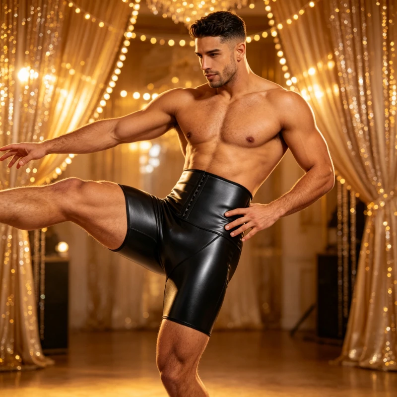 High Elastic PU Leather Men Shaper Boxer Shorts, Hook Closure Tummy & Butt Shaping Wear for Fitness Daily Use