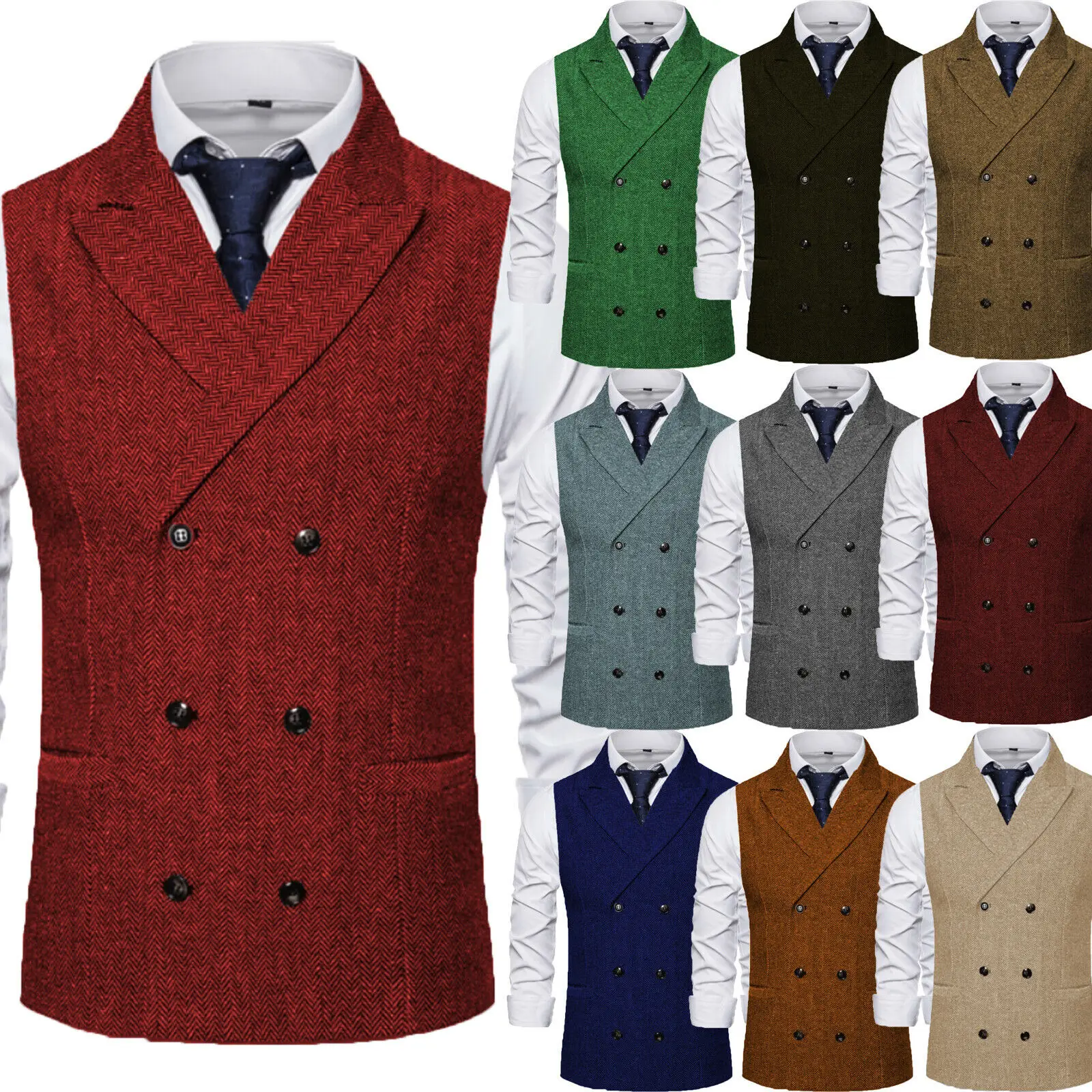 Men's Vest Burgundy Herringbone Tweed Tailored Collar Double-Breasted Vests Coffee Business Waistcoat for Men Clothing 2022