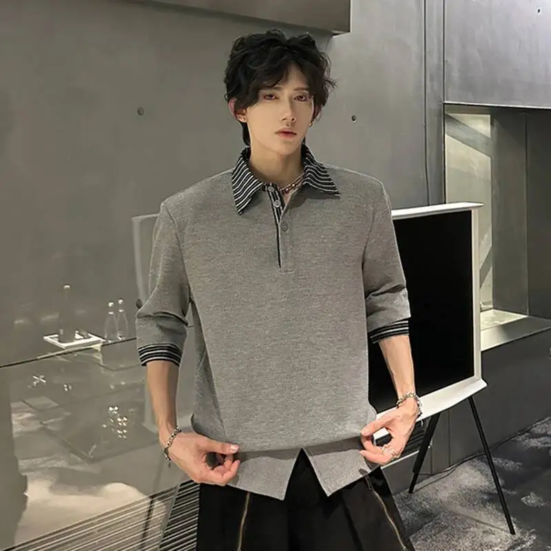 Turn-Down Collar Color Versatile Male Tees Striped Patchwork American Style Trendy Summer Men's Short Sleeve T-Shirt VBF56