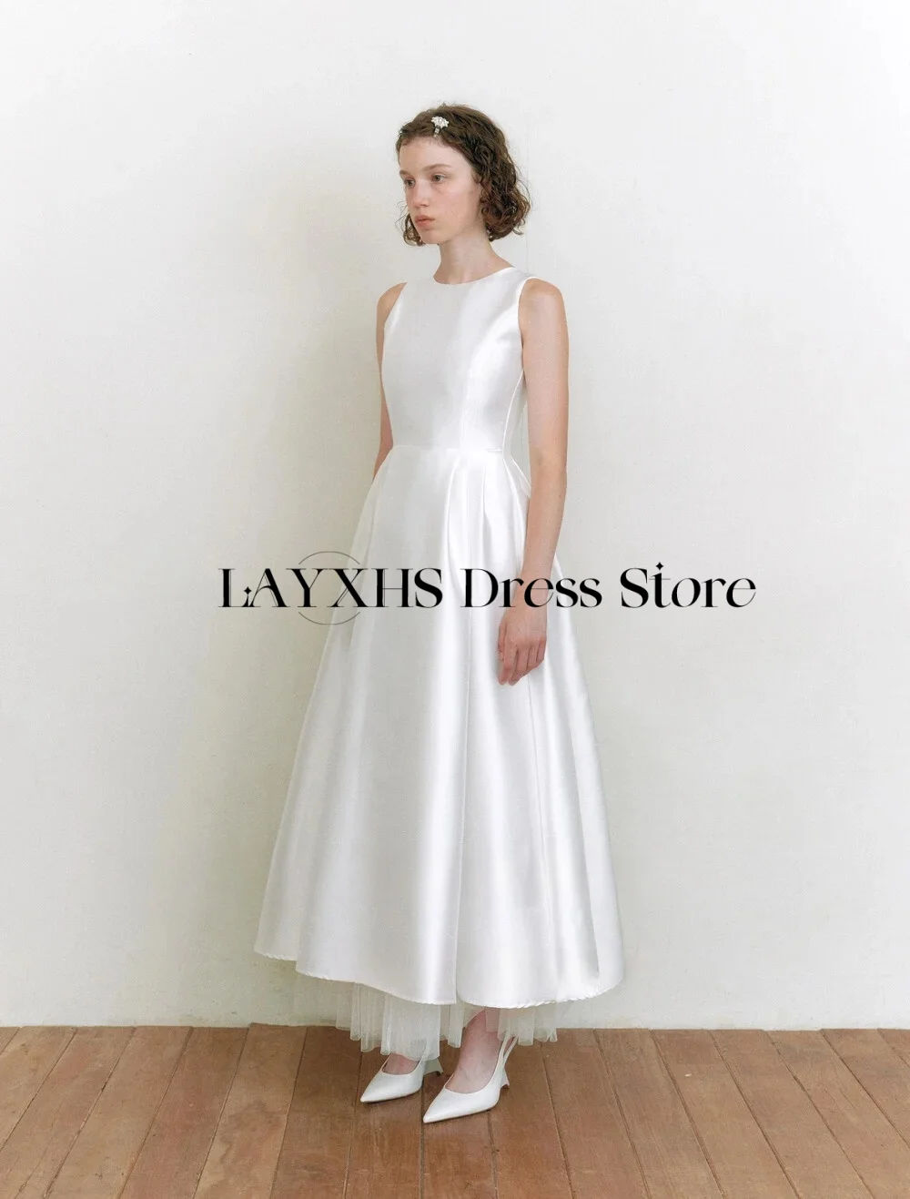 Vestido de novia sencillo con cuello redondo, sesión de fotos al aire libre de Corea, corte en A, hasta el tobillo, vestidos de novia de satén, vestido de recepción personalizado 2026