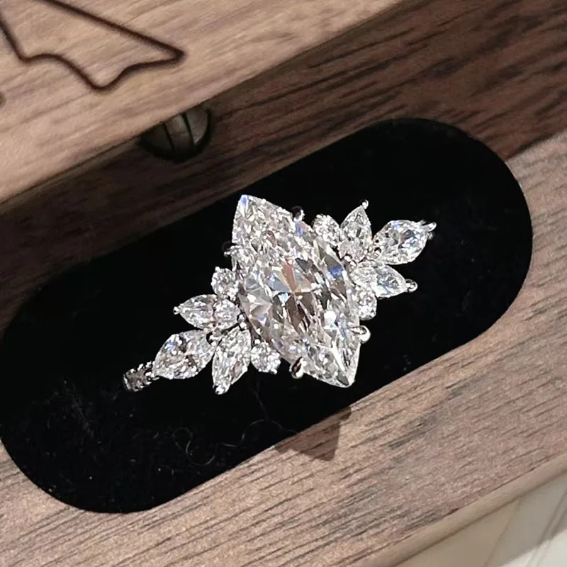 Luxury 18K white Solid Platinum PT950 certifid7*14mm marquise 3 carat moissanite D color ring, fashionable and versatile