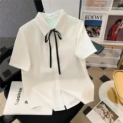 Summer New Peter Pan Collar Bow Drawstring Solid Blouses Women's Preppy Style Student All-match Button Short Sleeve Shirts Tops