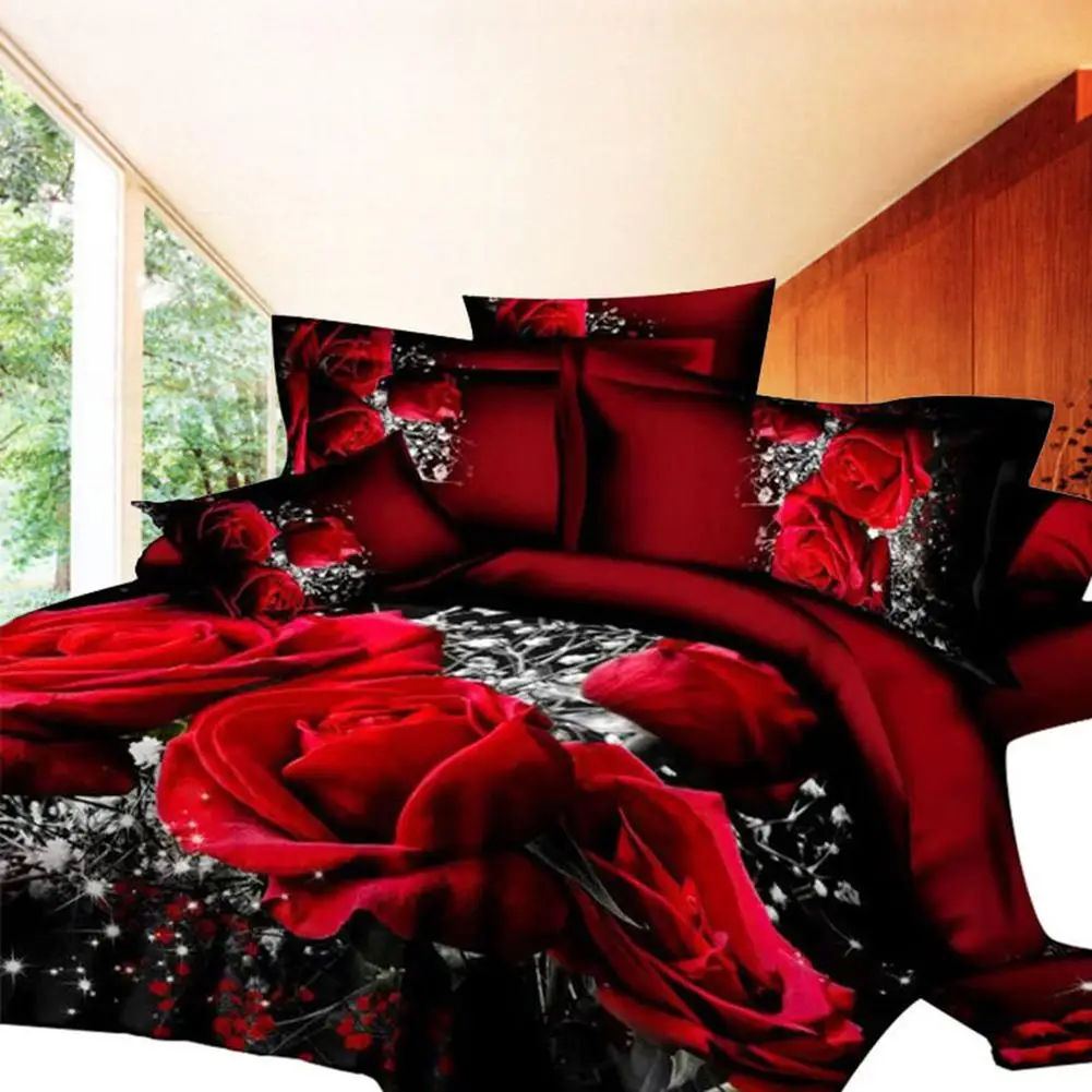 4 PCS 3D Big Red Rose Floral Bedding Sets Wedding Duvet Cover Sheet Pillow Cases Bed Set