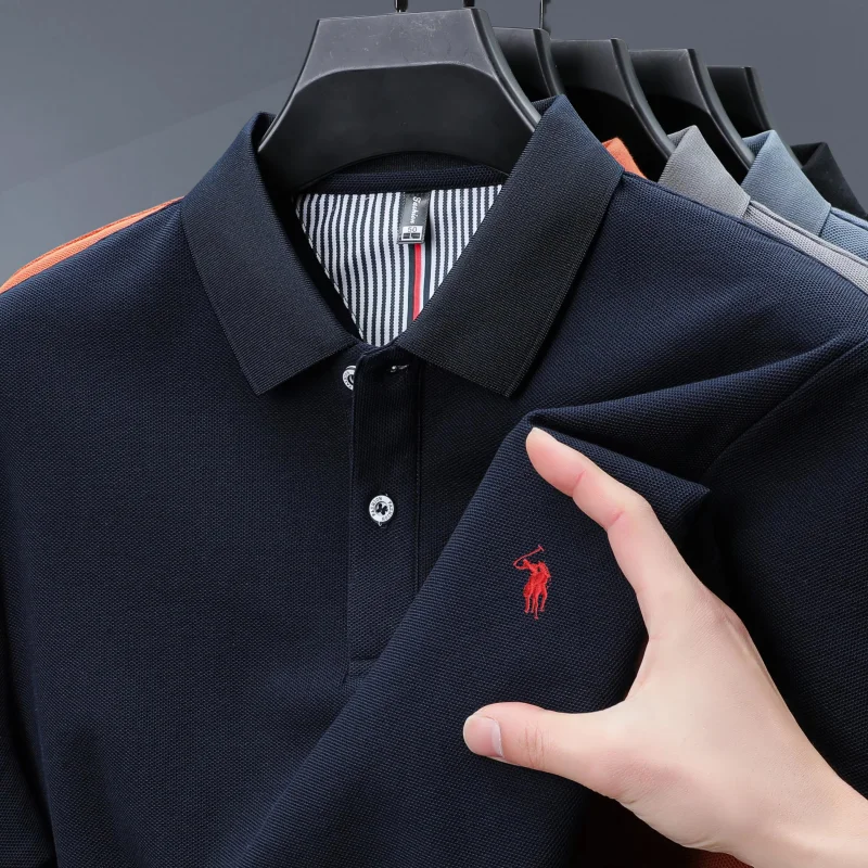 

100% pure cotton fashionable mens short sleeve 2025 summer highquality striped lapel polo shirt luxurious golf casual top Tshirt