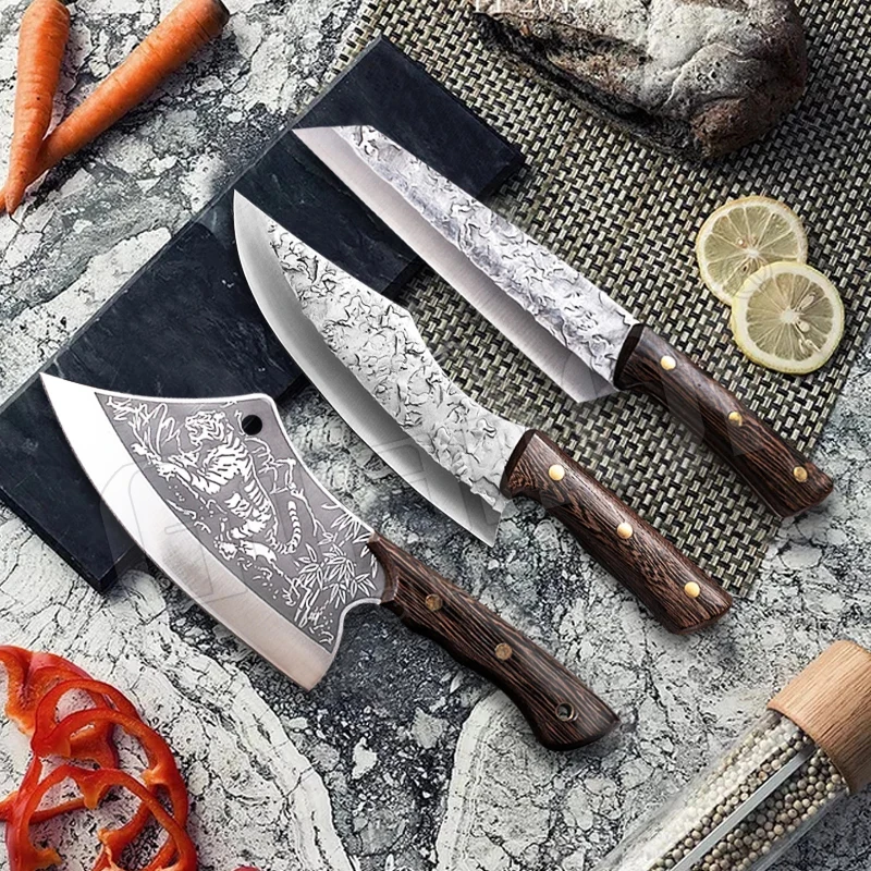 Handmade Stainless Steel Kitchen Knife Meat Cleaver Butcher Knife Hammer Pattern Slicing Knife Wood Handle Utility Knife