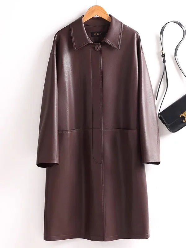 Women's Mid-Length Leather Coat eepskin Loose Fit Casual Sle Autumn New Arrival Faion Outerwear Long Sve  Collar