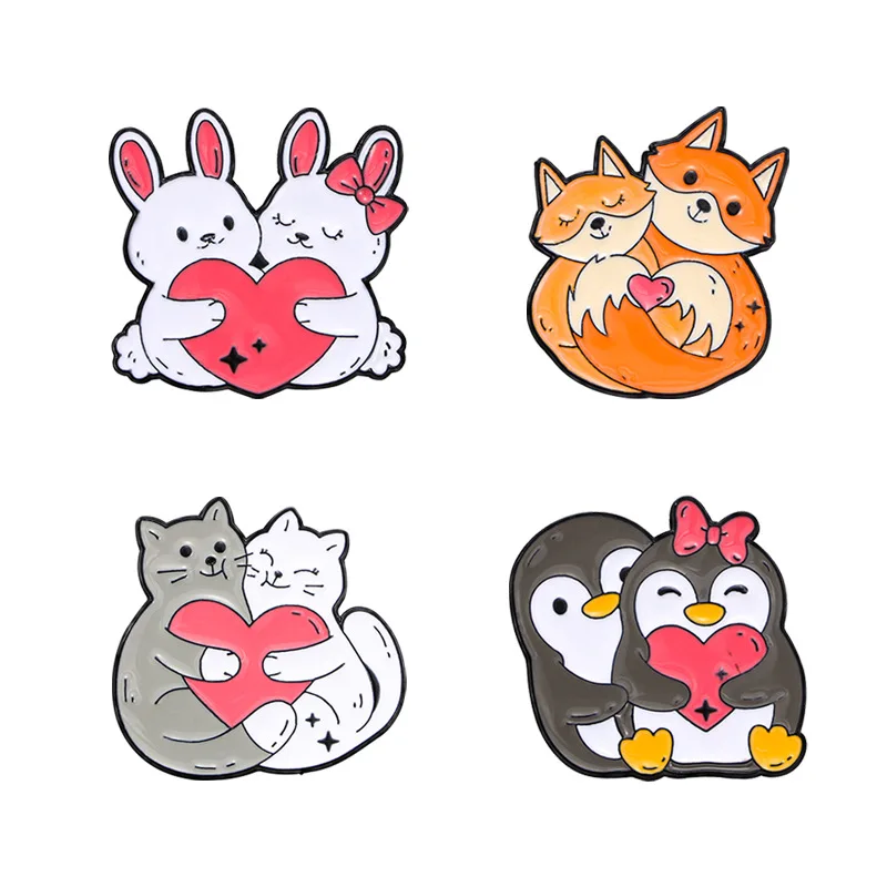 

Wholesale Cartoon Animal Heart Lovers Enamel Pin Creative Penguin Cat Rabbit Fox Metal Brooch Badge Backpack Clothing Hat Gifts