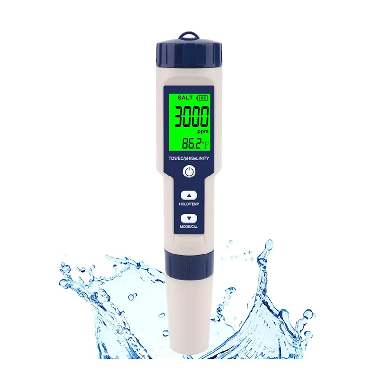 Probador de sal de piscina, medidor de salinidad digital, probador de salinidad 5 en 1 de alta precisión para agua salada, kit de prueba impermeable IP67