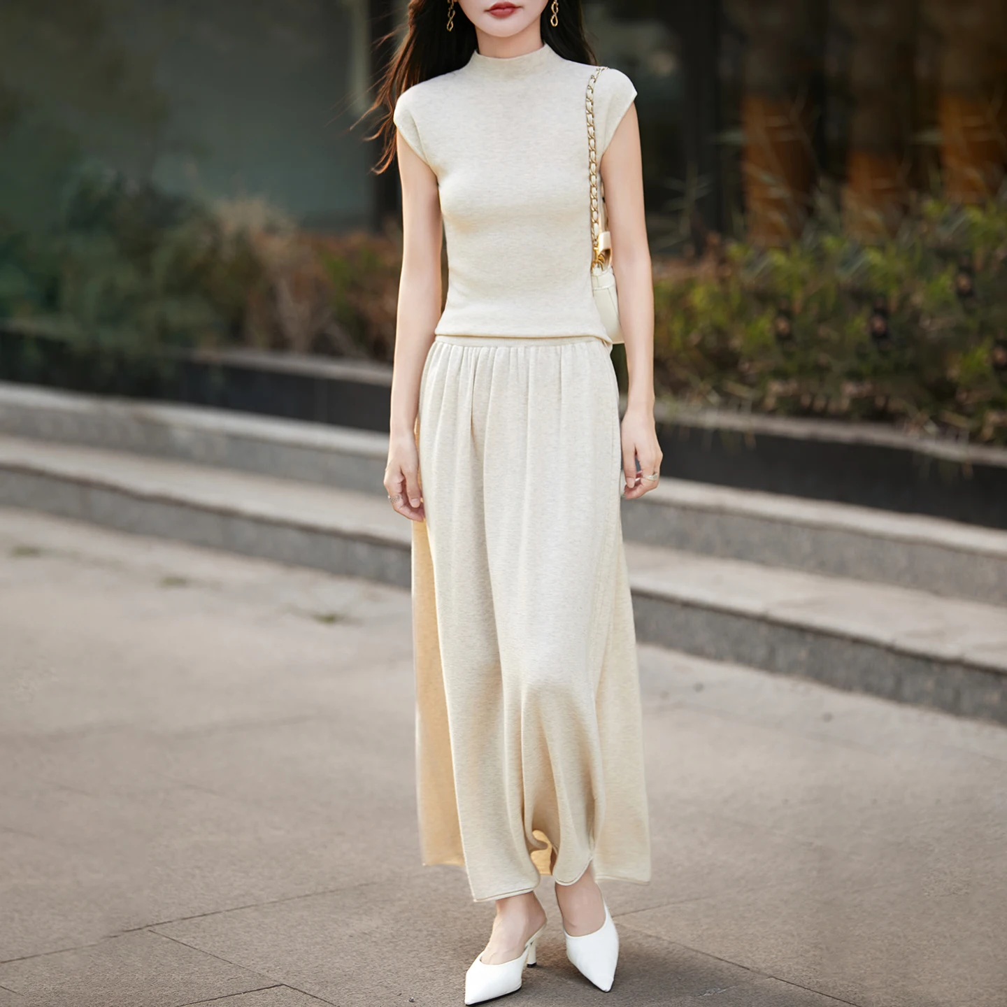 

Летний женский комплект из двух предметов: новая шерстяная юбка и топ с воротником-стойкой без рукавов, вязаная базовая рубашка, юбка А-силуэта