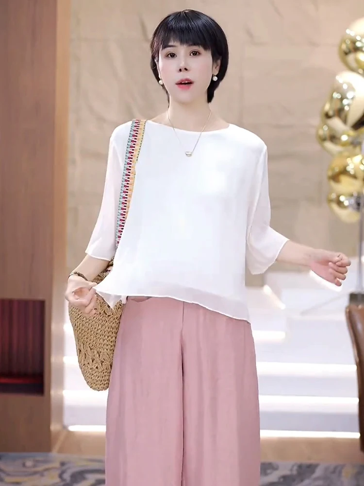 Camiseta de Verano para Mujer, Estilo Coreano, Talla Grande, Color Slimming, Cuello Redondo, Versátil y Cómoda