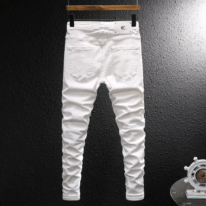 Y2K designer fashionable men's jeans, high-quality retro elastic slim fit ripple washed white jeans, men's retro straight leg pa