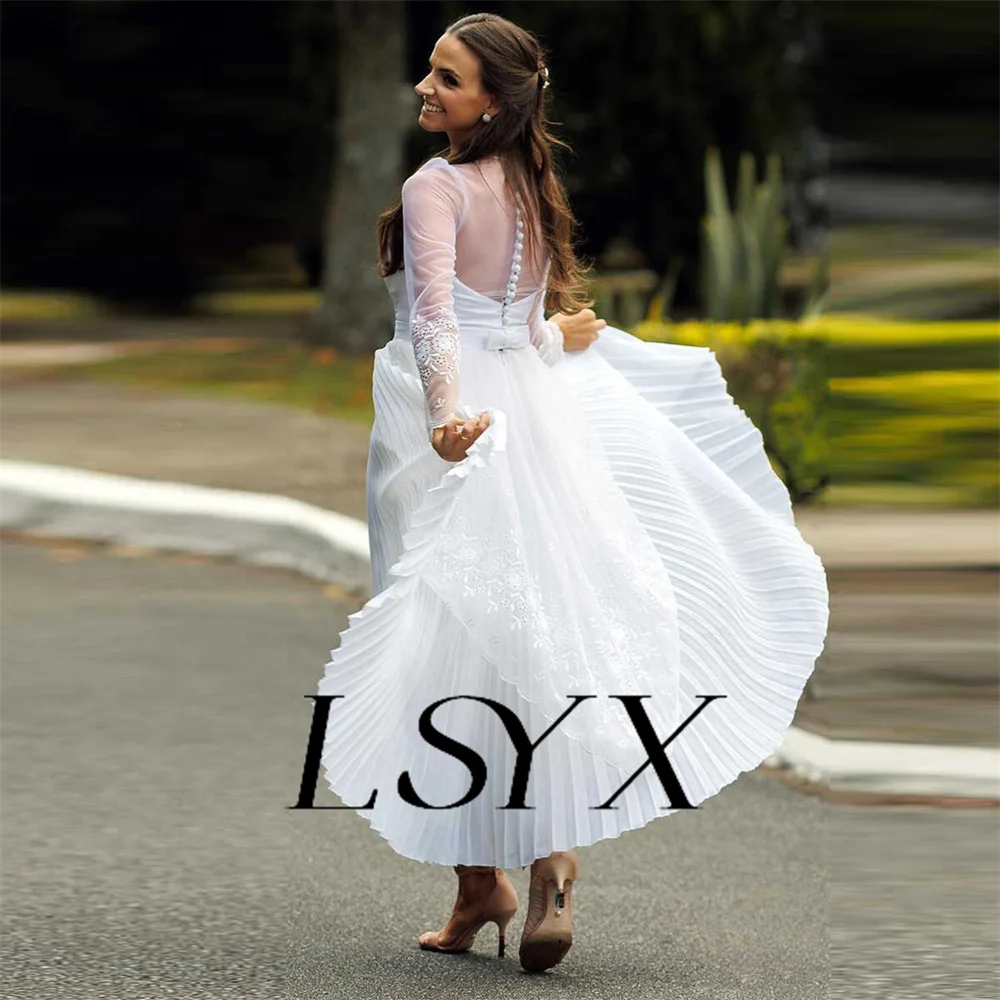 LSYX Customized  Illusion Long Sleeves O-Neck A-Line Lace Wedding Dress For Women Pleats Button Back Mid Length Bridal Gown