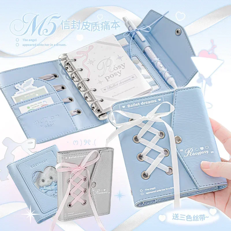Korean INS Ballet Aesthetic Ribbon Loose-leaf Diary Notebook Cute Multi-functional Scrapbook Journal Planner Notepad for Girls