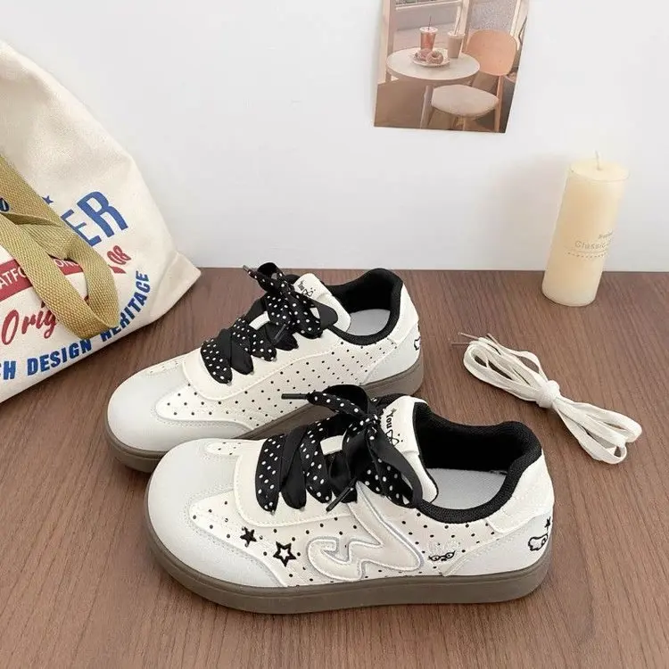 Damen Polka Dot Plaid Splicing Board Schuhe Schnürschuhe Flache Sneakers Retro Stern-Stickerei Casual Studenten Alltagsschuhe – Detail 3