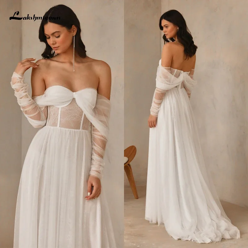 Vestido de novia bohemio con escote en forma de corazón y hombros descubiertos, vestido de novia plisado de encaje, corte en A, con cremallera, largo hasta el suelo, 2022