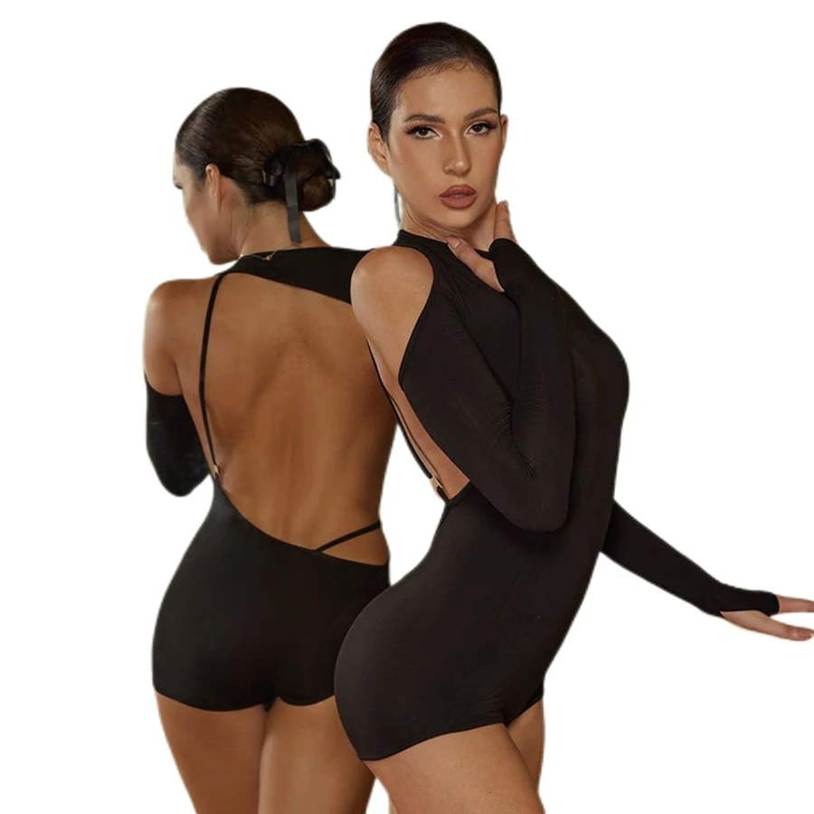 

Black cool-toned sleeveless one-piece top, sexy long-sleeved open-front one-piece dance dress, fitness wear and party wear