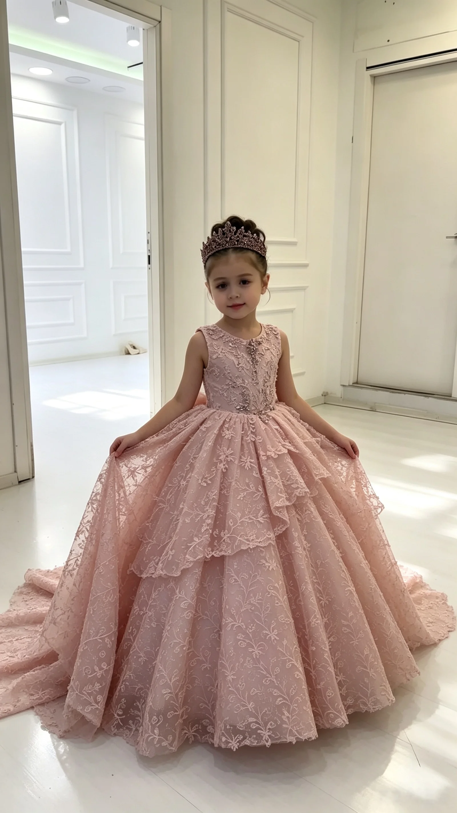 Luxurious High-end Lace Flower Girl Dress Custom Diamond-encrusted Floral Multi-layer Ruffled Mesh Long Tail Beauty Pageant Dres