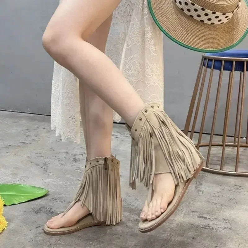 2024 Summer Retro Style Bohemian West Khaki Cowboy Boots Open Toe Fringe Design Ankle Boots Casual Fashion Women\'s Knight Boots