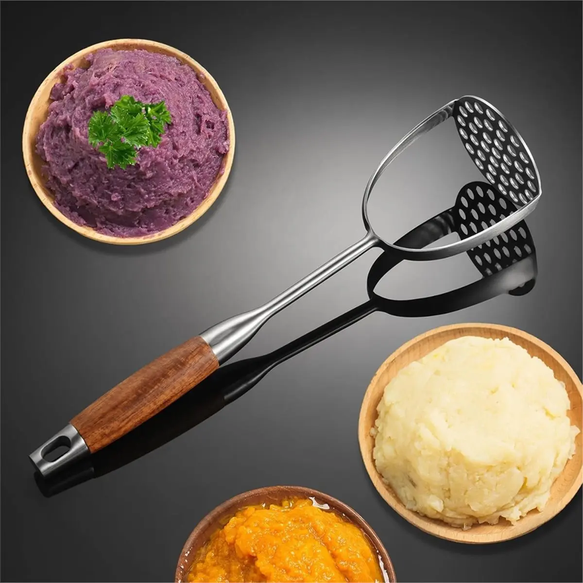 Potato Masher Stainless Steel, Manual Mashed Potato Masher,Wooden Handle Potatoes Smasher Kitchen Tool for Potatoes