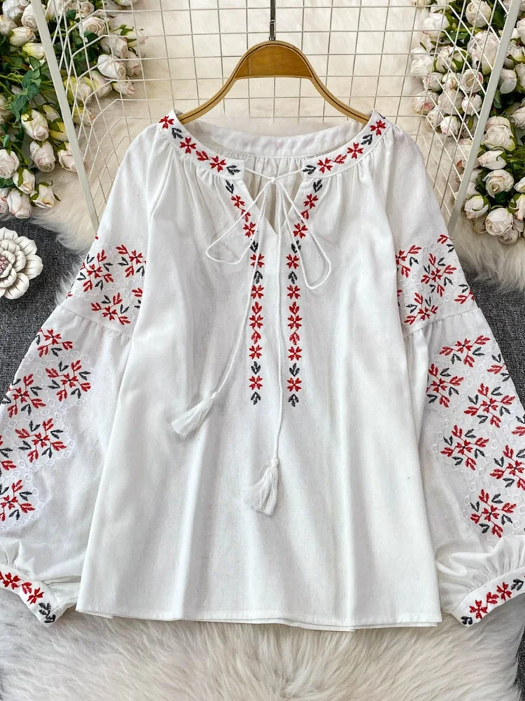 เสื้อทรงหลวมสไตล์เกาหลี แขนยาว ปักลายย้อนยุค ผูกเอว ดีไซน์หวานๆ สำหรับผู้หญิง รุ่นใหม่ล่าสุดสำหรับฤดูร้อน