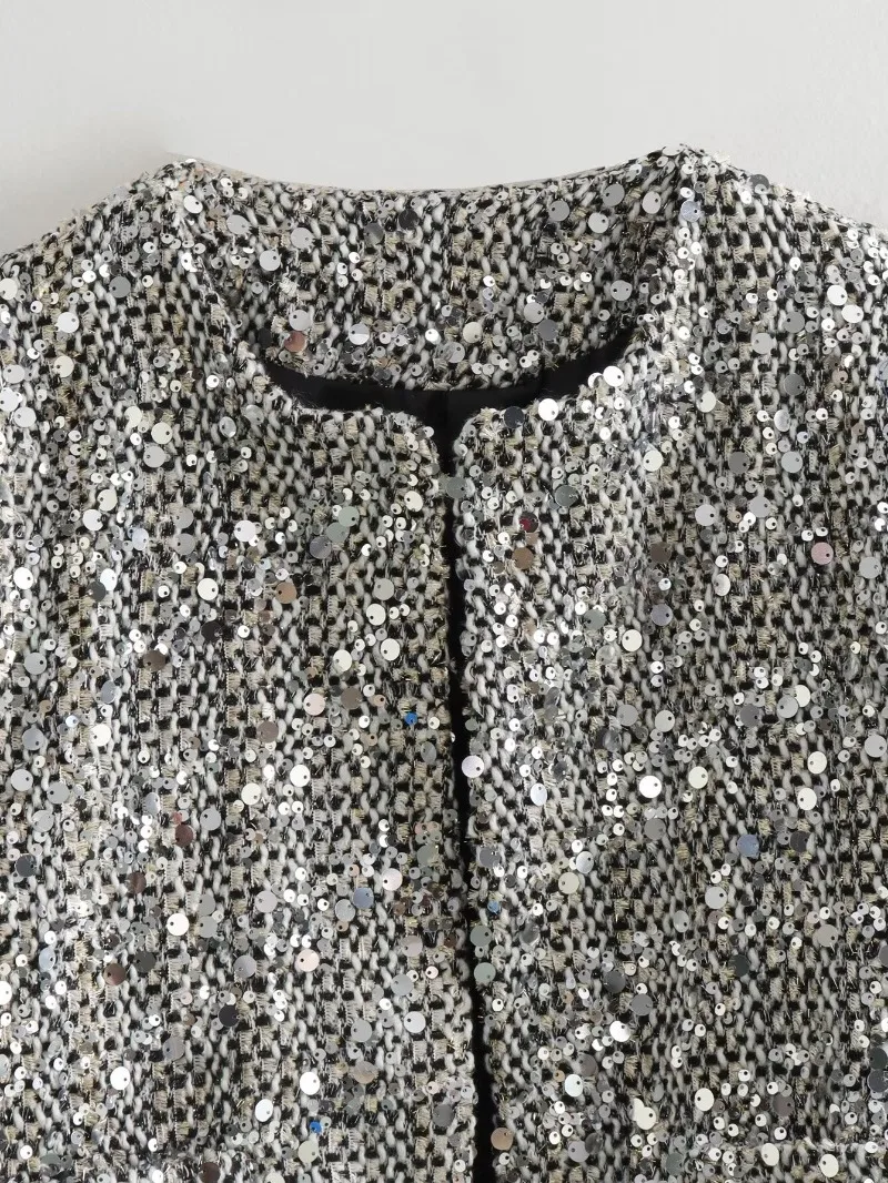 Chaqueta corta elegante con adornos de lentejuelas plateadas para mujer, cárdigan informal de manga larga con bolsillos, chaqueta de lentejuelas de Tweed a la moda para primavera