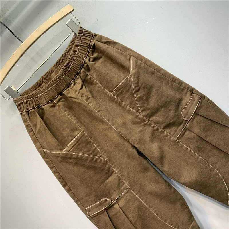 女性用プリーツポケットカーゴパンツ、コットン作業服、ゆったりとしたパンツ、用途の広い、ファッションデザイン、春夏