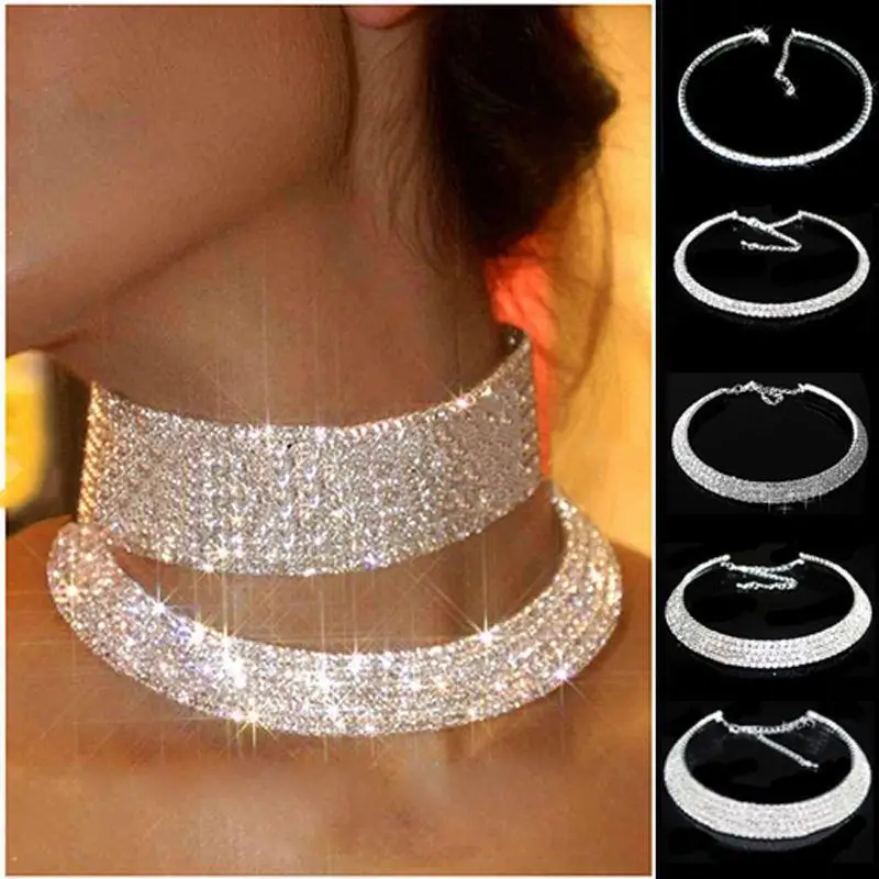 Hot Sale Luxury Wedding Party Super Flash Slant Crystal Diamond Jewelry Collar Necklace Collarbone