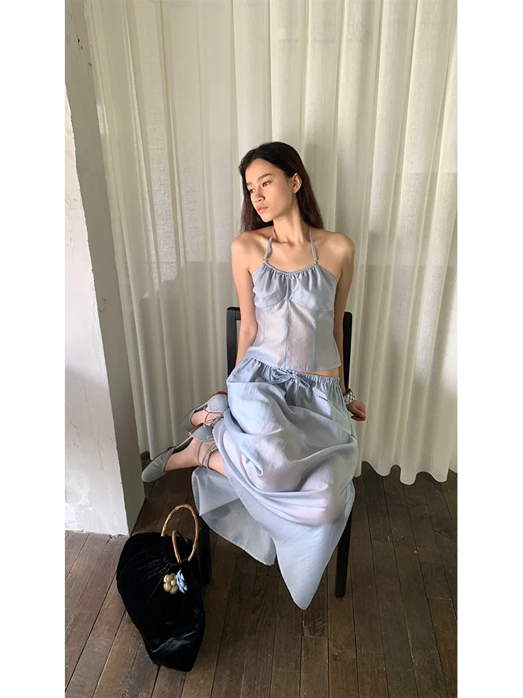 

Korean Sle Asymmetrical Neline Women's Summer Faion Set Svel Long Dr And Top Dra Feeling A-Line Skirt