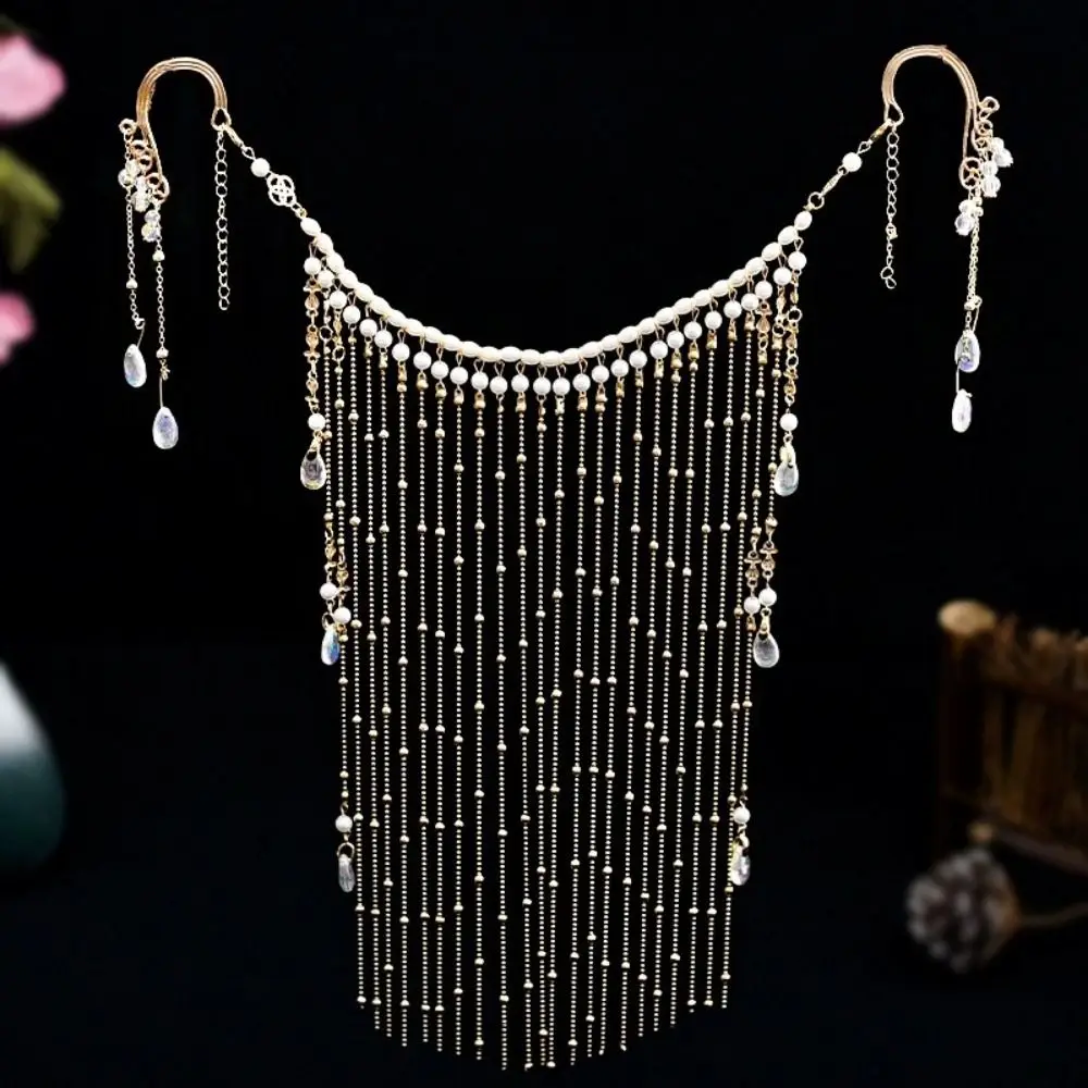 

Creative Pearl Hanfu Face Chain Ear Hanger Earrings Golden Fairy Mask Chinese Style Tassel Mysterious Veil Party