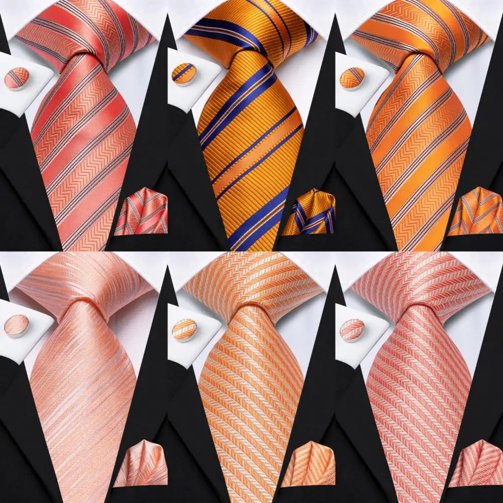 

Orange Striped Tie For Men Elegant Men Xmas Necktie Pocket Square Cufflink Groom Wedding Accessory Hi-Tie Designer Wholesale