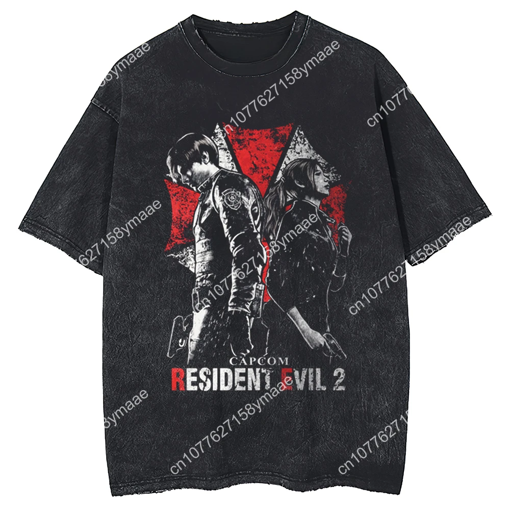 

Hip Hop 2024 Washed Black T-shirt Street Clothing Retro Pattern Resident Evil T-shirt Cotton Hippie Unisex T-shirt Men's Gym Top