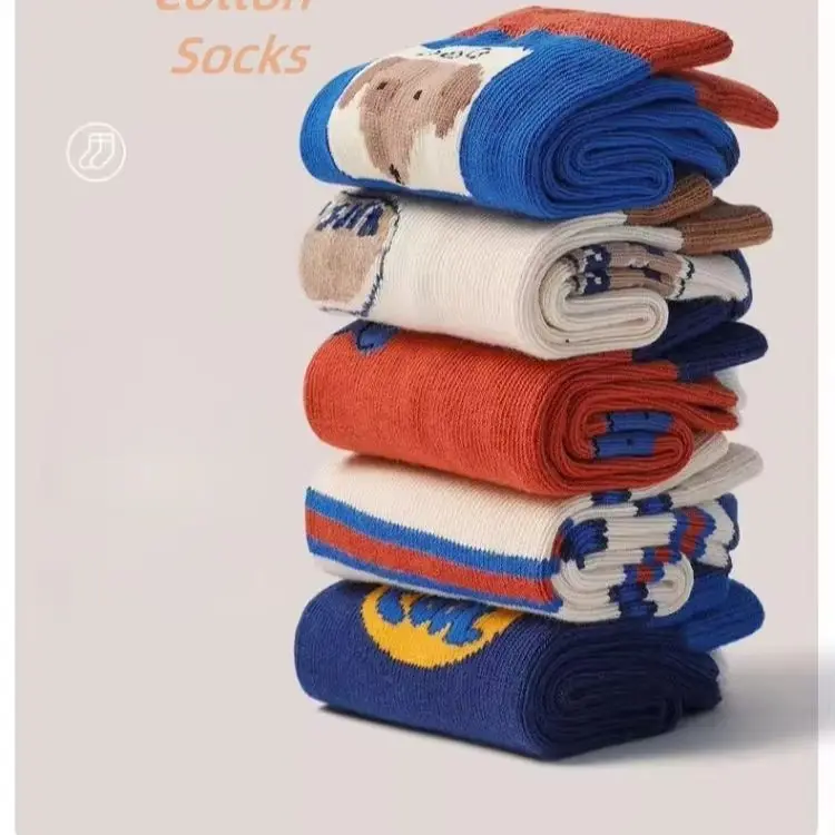 5 Pairs Children's Socks Spring Little Big Boys Socks Calf Length Cotton Sock Kids Sport Pattern Socks