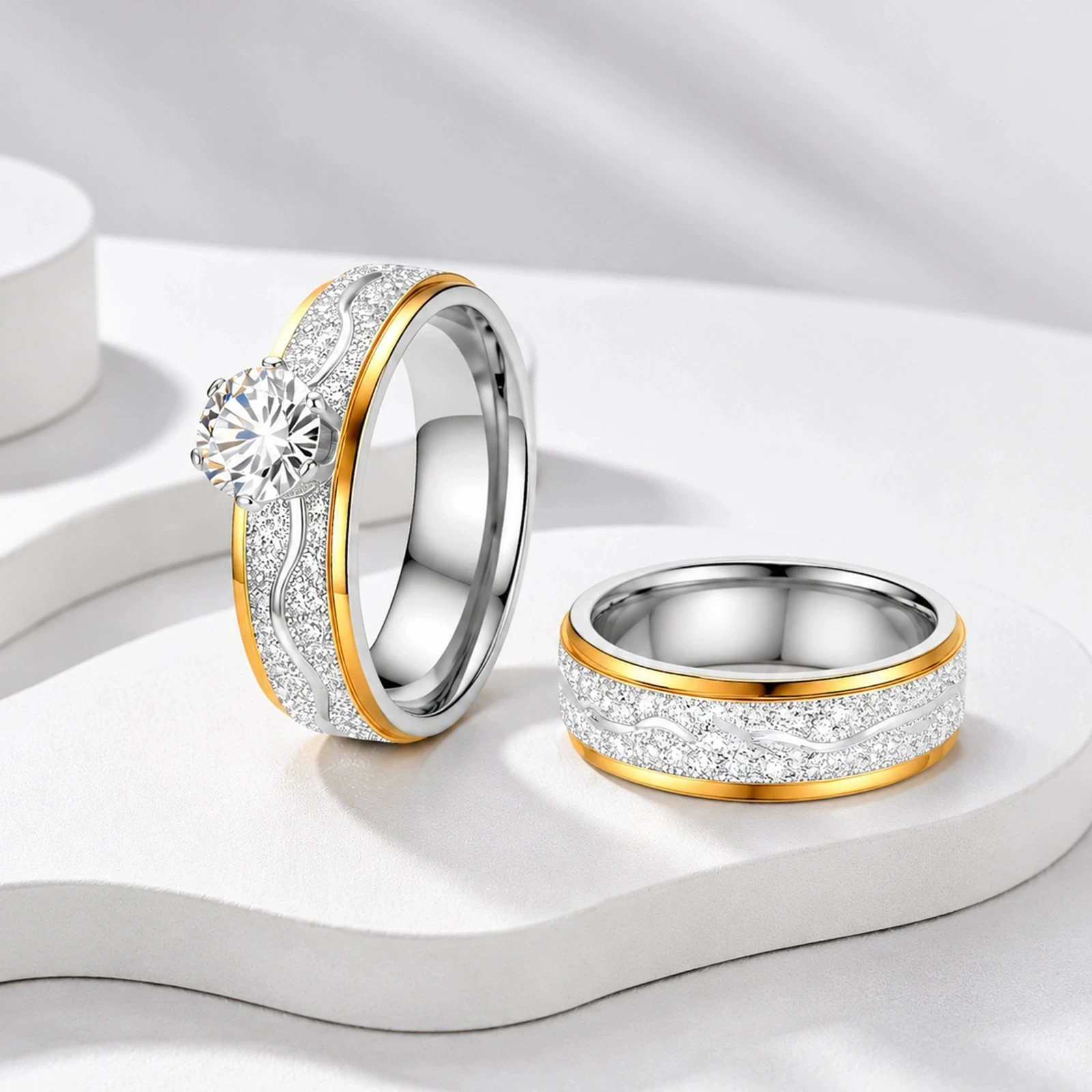 Stainless Steel Rings For Women Men Gold Silver Color Female Male White Rhinestone Couple Promise Wedding Bands Party Jewelry