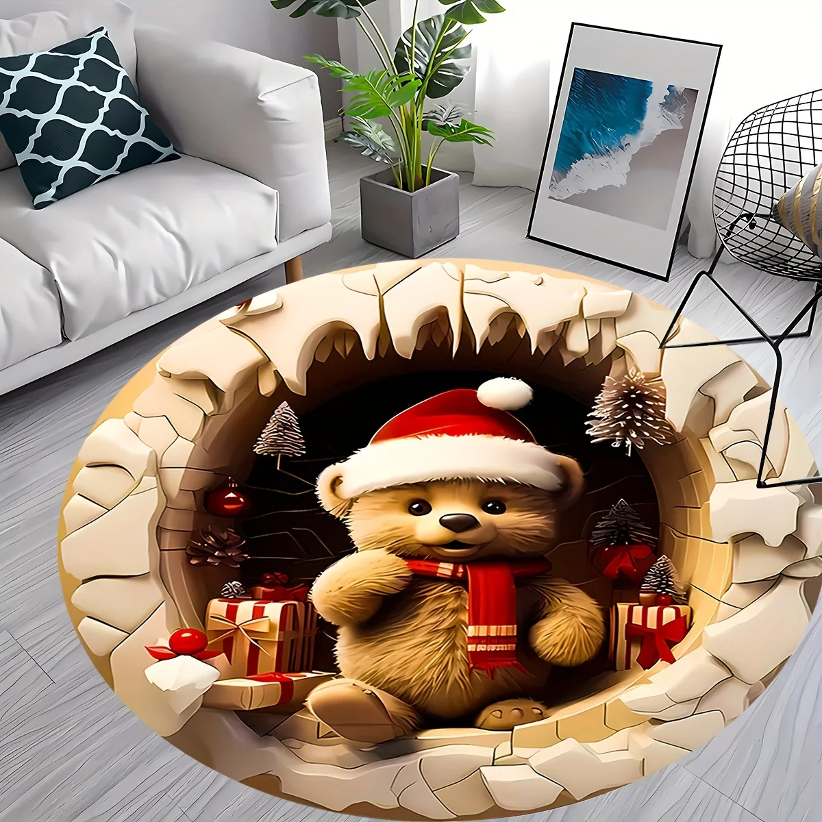 Cute Teddy Bear Peeking From Stone Well Christmas Gift Box Round Carpet For Festive Nursery With 3D Illusion Carpet Depth