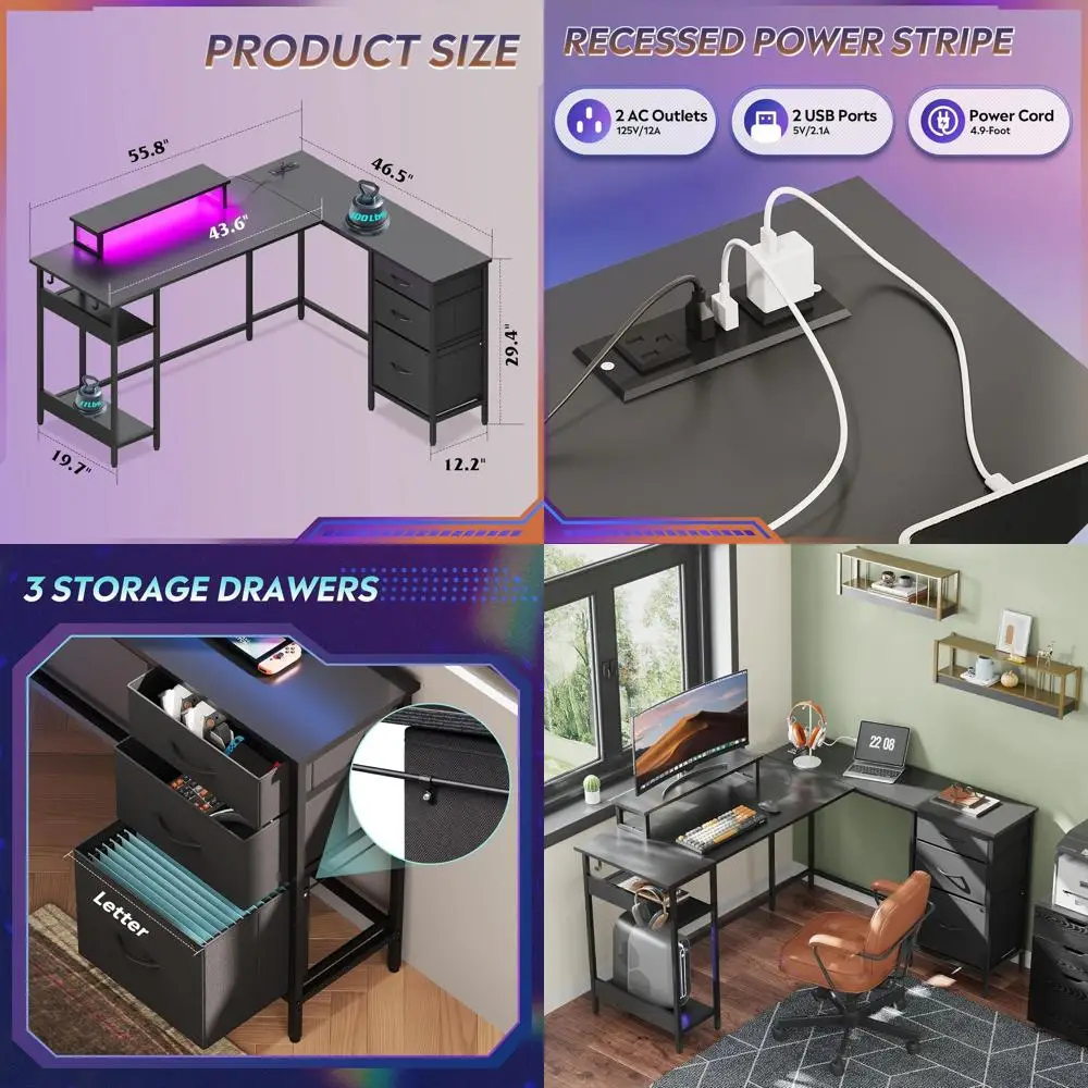 

Игровой L-образный стол черного цвета 55 дюймов с выдвижными ящиками, местом для хранения, LED-подсветкой и розетками