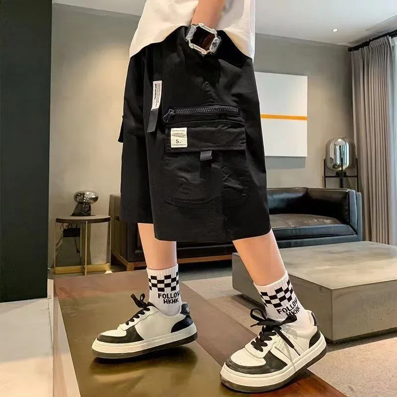 Celana kargo anak laki-laki, celana kargo pendek kasual anak-anak besar Hip Hop Celana Jogger remaja pinggang tinggi Vintage Streetwear celana pendek longgar