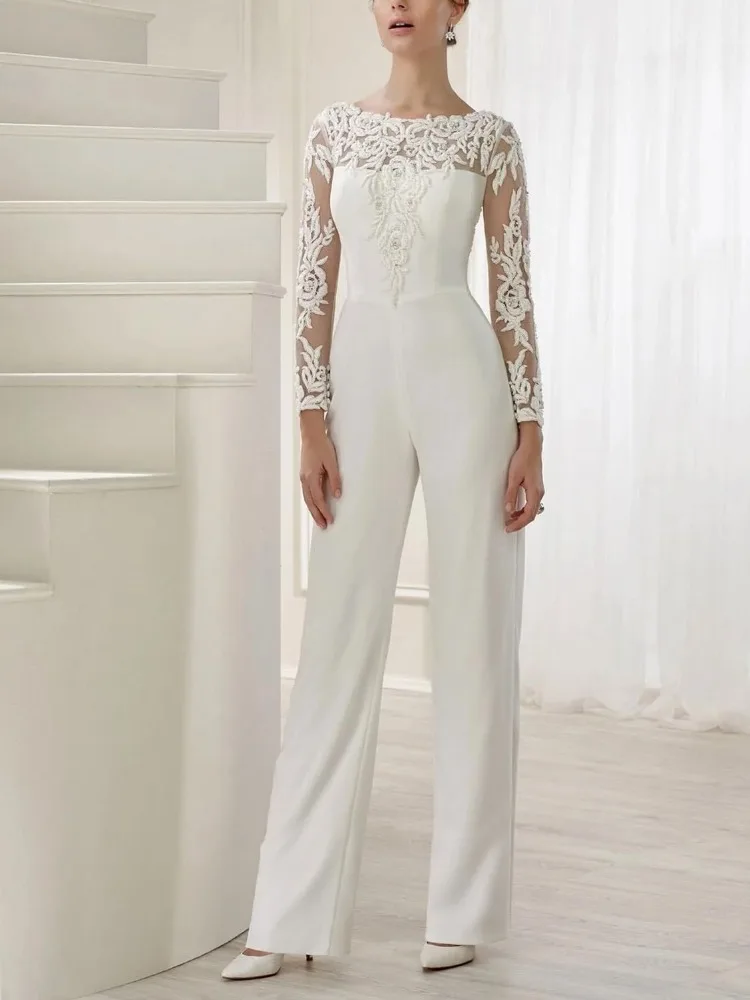 Elegant Overskirts Jumpsuits Wedding Dresses Long Sleeves O-neck Lace Beach Bridal Gowns Boho Wedding Dress Pants