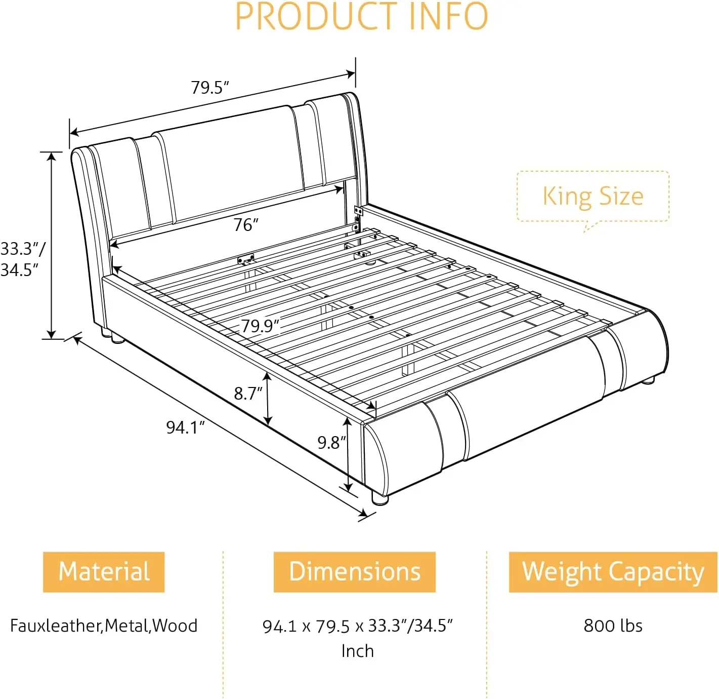 King Bed Frame with Iron Pieces Decor and Adjustable Headboard Deluxe Upholstered Modern Platform Bed 93.7