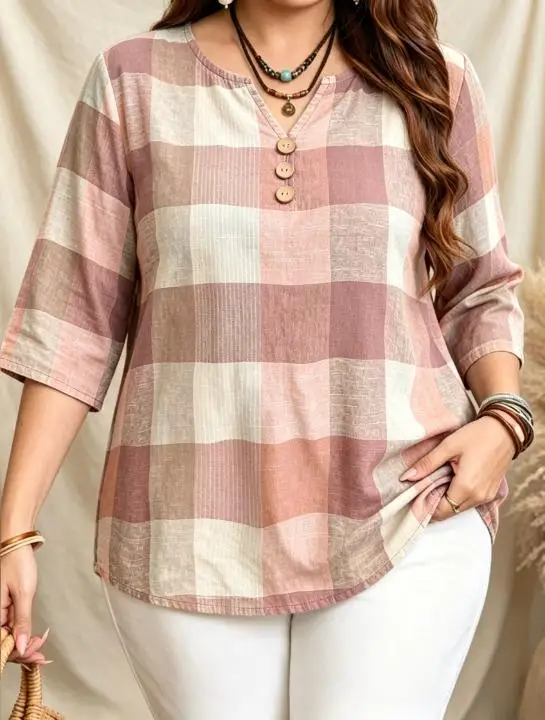 Plus Size Plaid Blouse Notch V Neck 3/4 Sleeve Wooden Look Front Buttons Loose Vintage Washed Casual Shirt