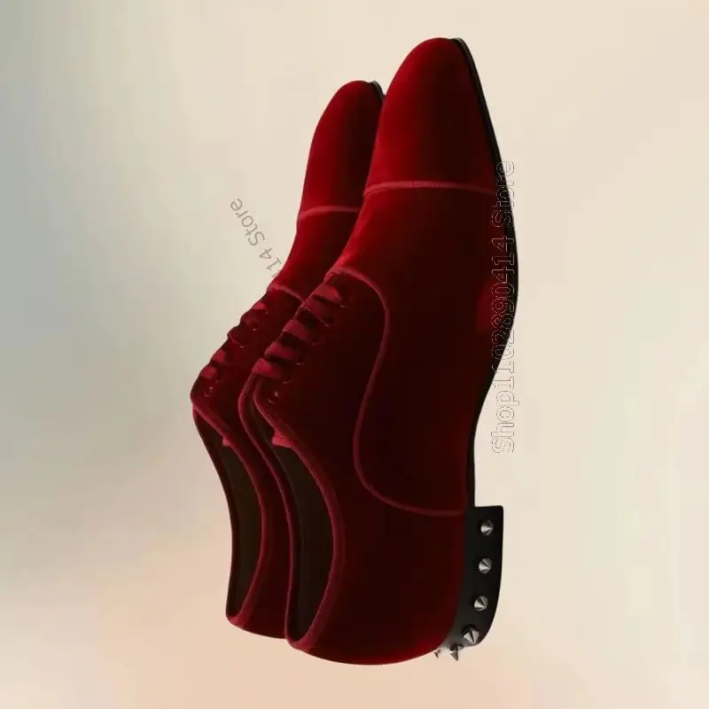 

Red Corduroy Rivets Decor Strappy Men Shoes Fashion Lace Up Male Shoes Luxurious Handmade Party Banquet Office Men Casual Shoes
