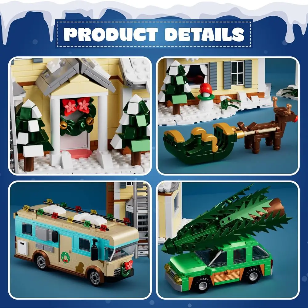5-in-1 Christmas Village Building Kit with LED Lights, 1958 Pieces, Toy Blocks for Ages 8+